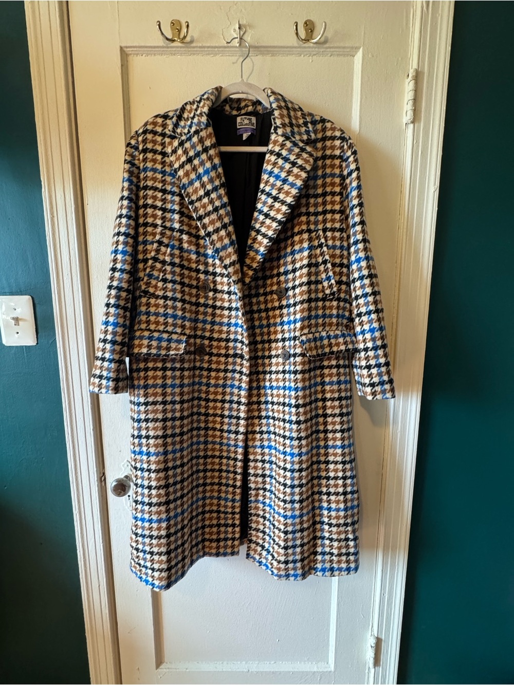 Classic Houndstooth Pea Coat in Blue & Tan